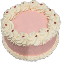 Round pink fresh cream celebration cake decorated with white fresh cream rosettes, cherry accents, and space for a personalised message.