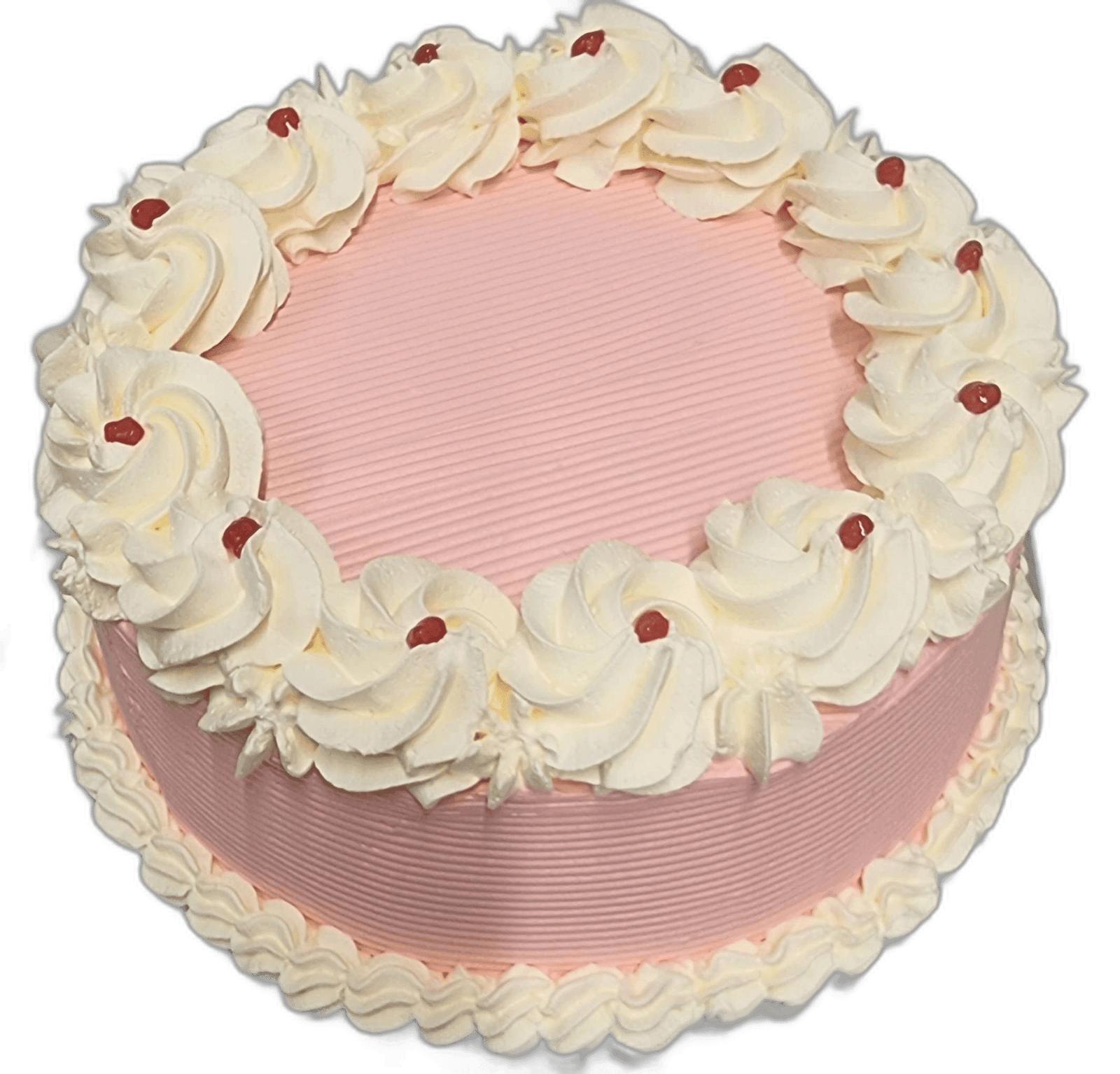Pink Fresh Cream Celebration Cake Round pink fresh cream celebration cake decorated with white fresh cream rosettes, cherry accents, and space for a personalised message.